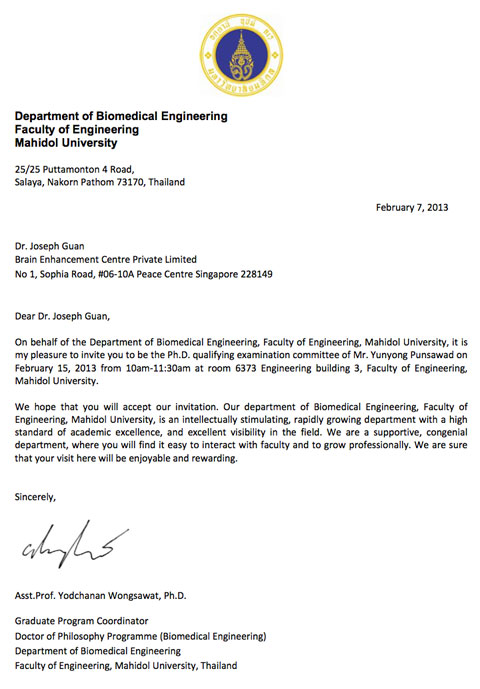 Mahidol University invitation letter to Dr Guan
